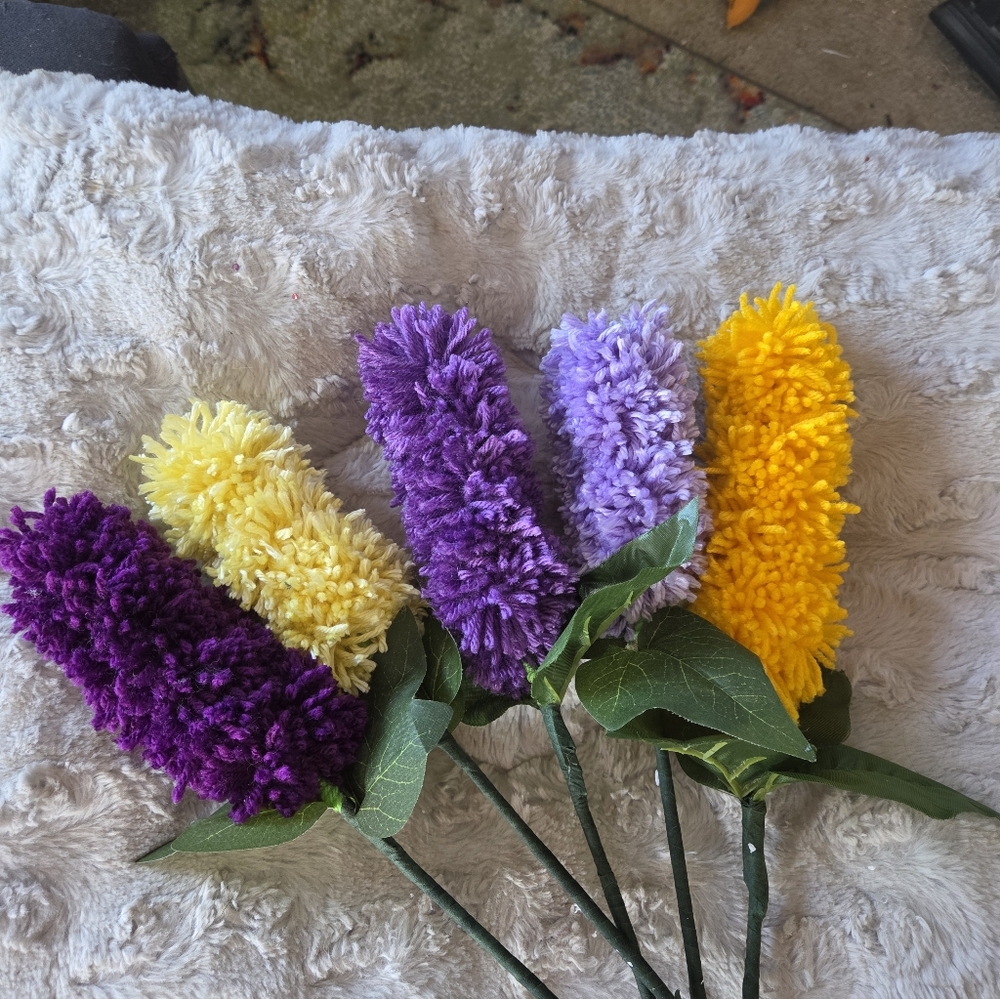 Artificial Floral Stems  Purple, Yellow, and Lavender 12 In Created With Yarn